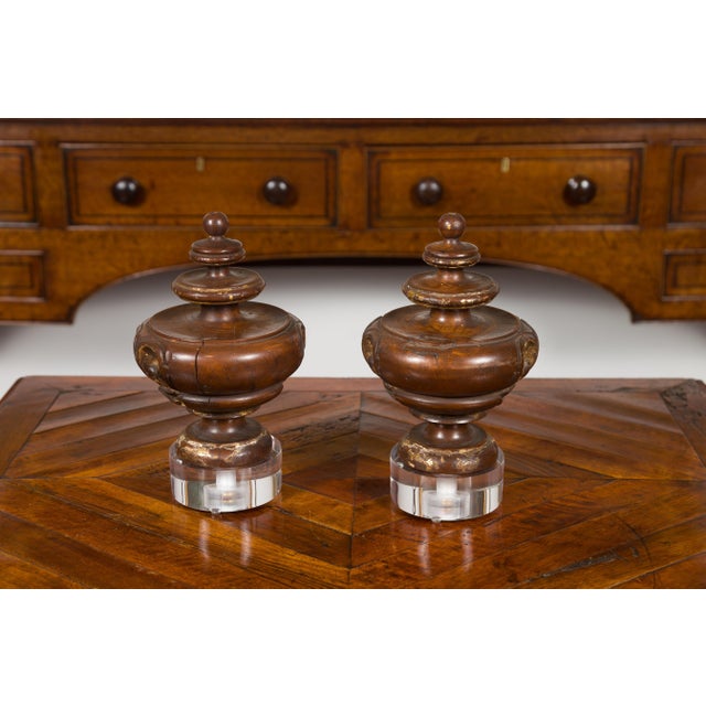 Wood Pair of Italian 1800s Walnut Fragments Carved in the Front, with Lucite Bases For Sale - Image 7 of 8