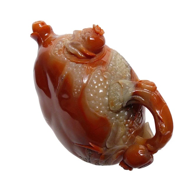 Art Deco Thousand Kids Carved Pomegranate Shape Shou Shan Stone Teapot For Sale - Image 3 of 11