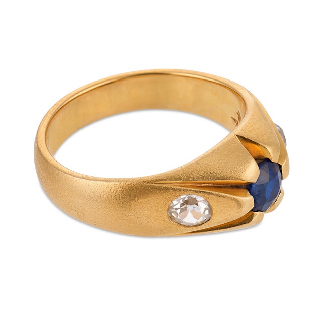 1900-1909 Victorian Sapphire Old European Cut Diamond 18k Yellow Gold Ring, Size 10.75 For Sale - Image 4 of 6