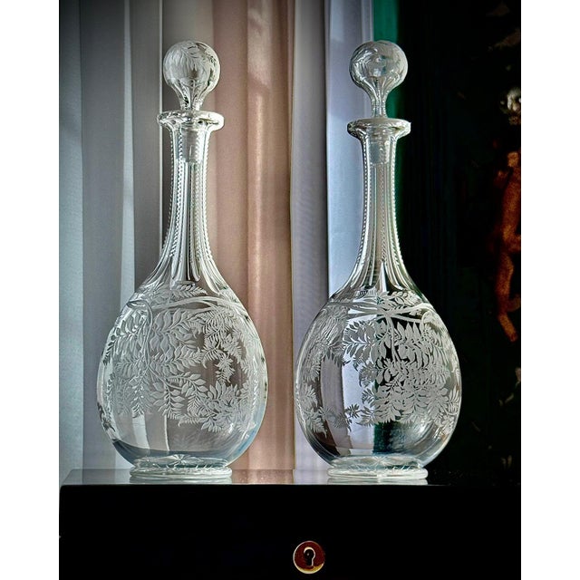 Victorian Stourbridge Fern Engraved Glass Decanters, 1880, Set of 2 For Sale - Image 10 of 17