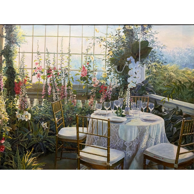 Artist: Peter Ho. Manufacturer: Custom. This painting shows an elegant table set for four inside a sunlit conservatory or...