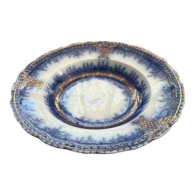 Antique Wood & Son Limoges Flow Blue Gold 9” Soup Plate England C1891-1907 For Sale