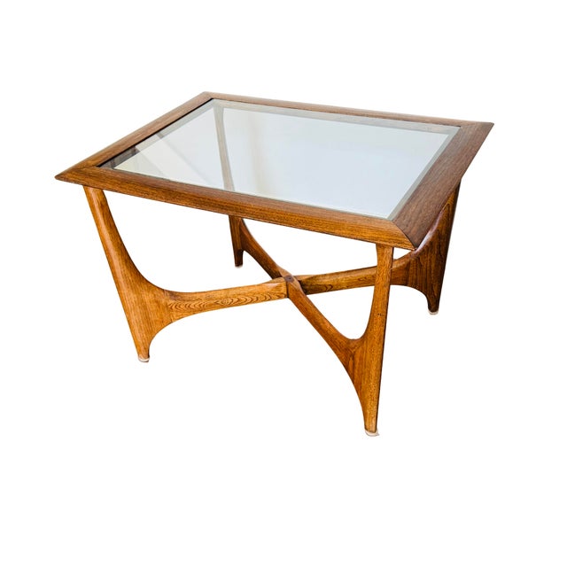 Brown Vintage Lane Silhouette Mid-Century Modern Walnut Side Tables, Pair – Sculptural X-Stretcher Base With Inset Glass Tops For Sale - Image 8 of 12