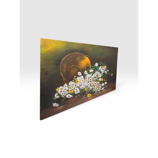 1980s Francis “Duke” Downs Palm Beach Still Life of Spilled Daisies & Overturned Pot, Original Oil, 36” For Sale - Image 4 of 7