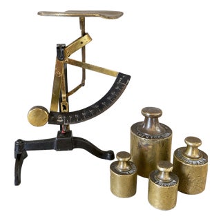 Antique Letter Scale with Brass Weights from D.R.G.M. Pendulum, Germany, 1900s, Set of 5 For Sale