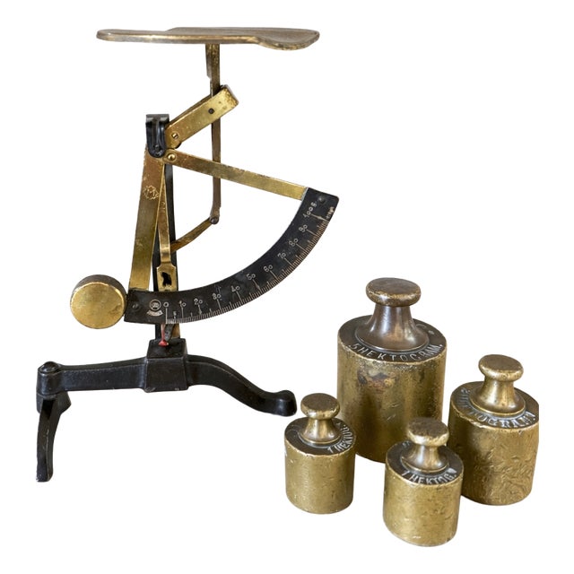 Antique Letter Scale with Brass Weights from D.R.G.M. Pendulum, Germany, 1900s, Set of 5 For Sale