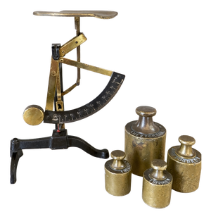 Antique Letter Scale with Brass Weights from D.R.G.M. Pendulum, Germany, 1900s, Set of 5