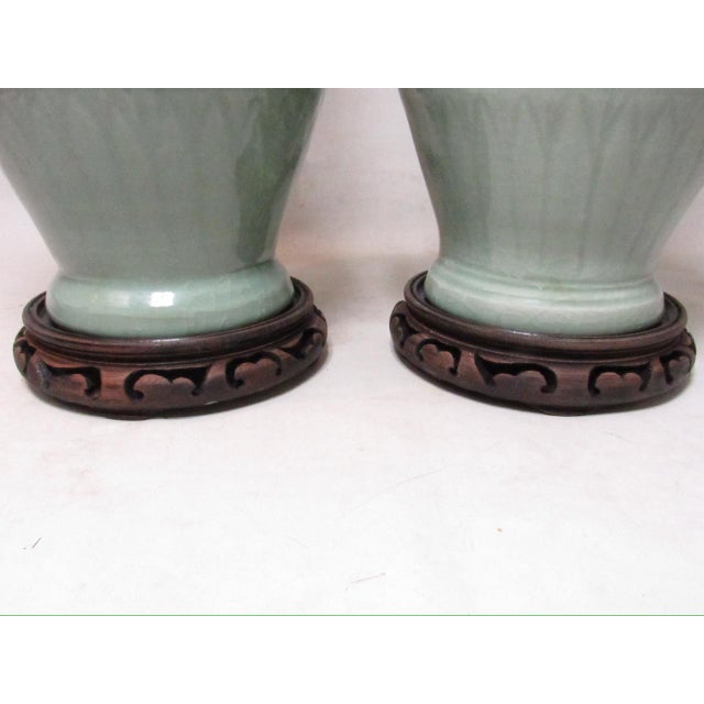 Chinese Pair of Chinese Porcelain Celadon Vase Lamps For Sale - Image 3 of 17