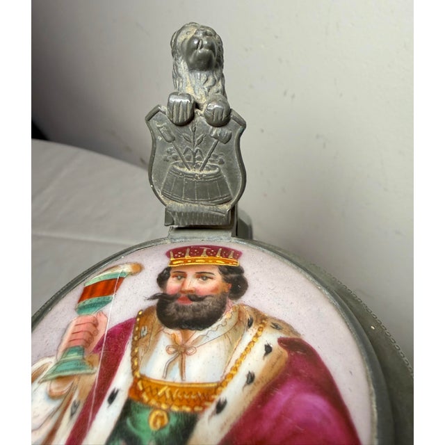 Antique 1Ltr. Early 1800's German Pottery Pewter Lidded Beer Stein Mug Tankard For Sale - Image 4 of 14