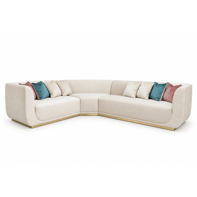Cream L-Shaped Sectional Sofa with Gold Base and Velvet Cushions from Kabinet For Sale - Image 11 of 11