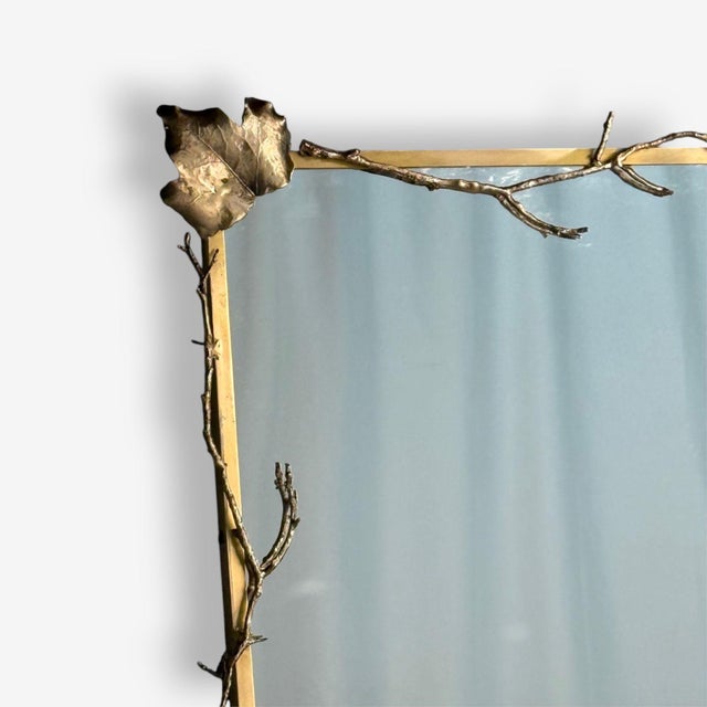 2020s Modern Trapezoidal Bronze Wall Mirror, Branch and Leaf Motif, France, 21st C. For Sale - Image 5 of 8