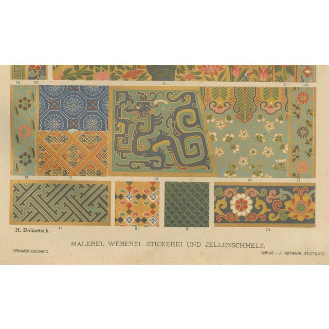 Antique Chinese Decorative Art Prints with Floral and Textile Motifs, 1887 This beautifully composed pair of antique...