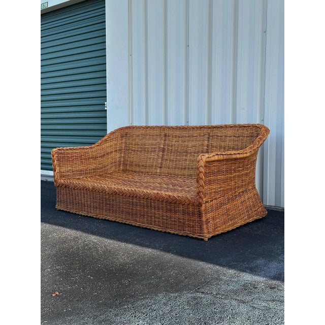 Boho Chic Coastal Vintage Rattan Sofa With Braided Wicker Trim For Sale - Image 3 of 18