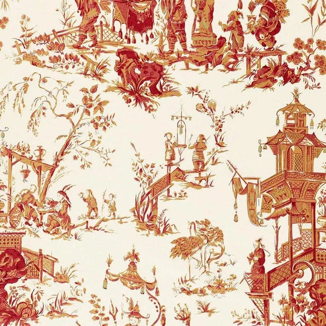 Sample- Schumacher Chinois Fabric in Creme & Red For Sale