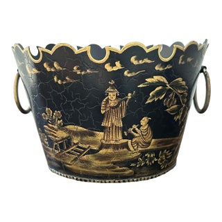 Black With Gold Accents Painted Tole Chinoiserie Cachepot With Ring Handles For Sale
