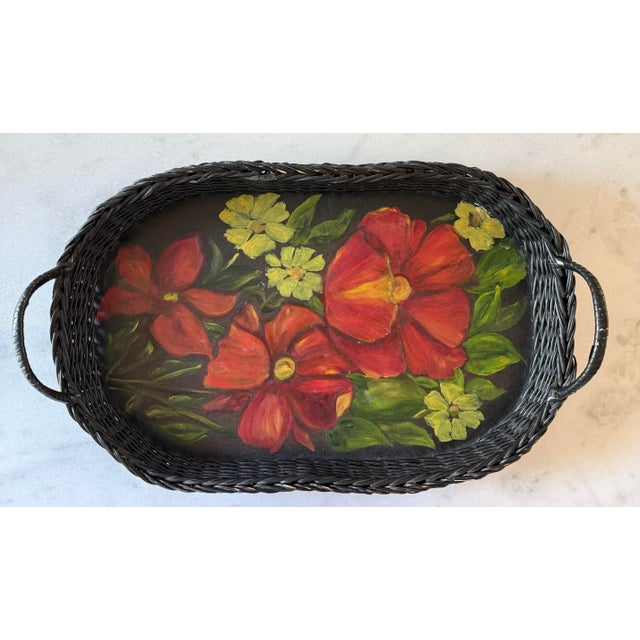 Farmhouse Vintage Oval Wicker Serving Tray With Hand Painted Floral Design For Sale - Image 3 of 9