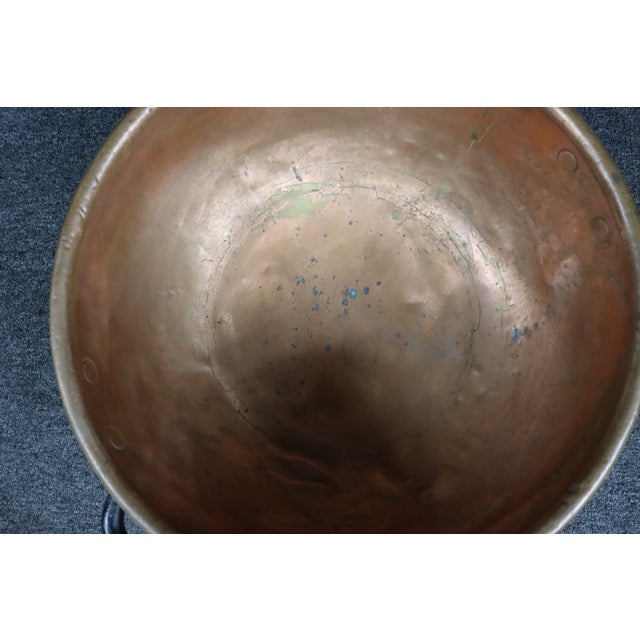 Metal Antique Hand-Hammered Copper Bowl With Wrought Iron Handles For Sale - Image 7 of 9