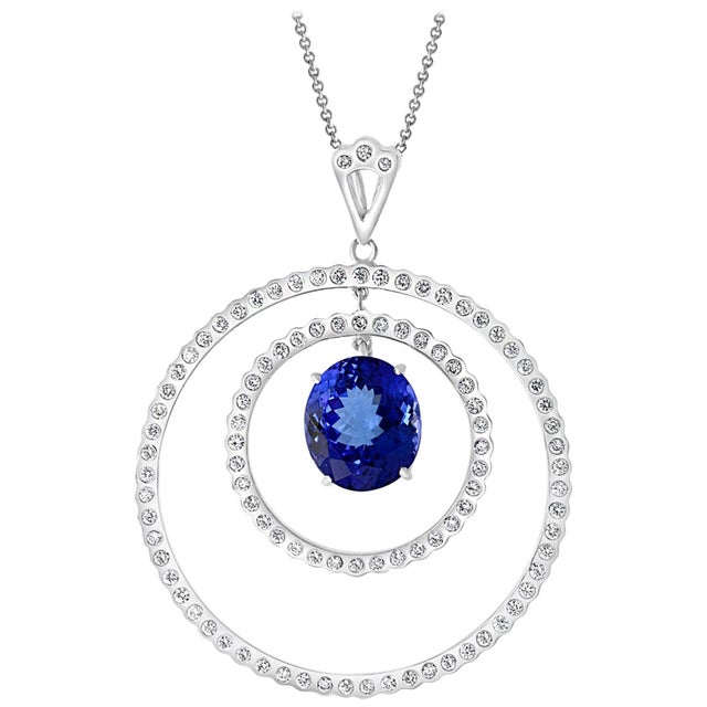 6.7 Carat Tanzanite & 2.5 Ct Diamond Two Circles Pendant/ Necklace 18 Karat Gold For Sale - Image 15 of 18