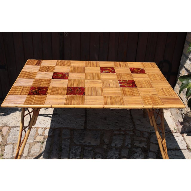 1950s Rattan and Ceramic Dining Table by Audoux-Minet, 1950 For Sale - Image 5 of 10