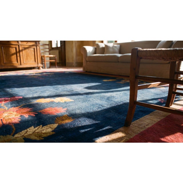 1920s Blue Field Floral Antique Chinese Art Deco Carpet 9' X 11'8" Knotted Wool Rug For Sale - Image 15 of 15