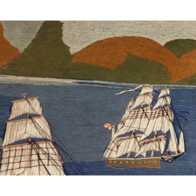 Glass British Sailor's Woolwork Picture of Five Ships Off a Coastline For Sale - Image 7 of 9