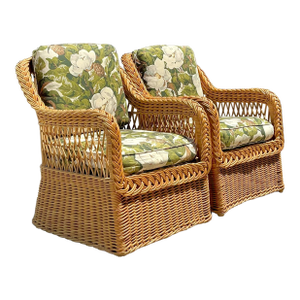 Vintage Braided Rattan Magnolia Print Lounge Chairs - A Pair