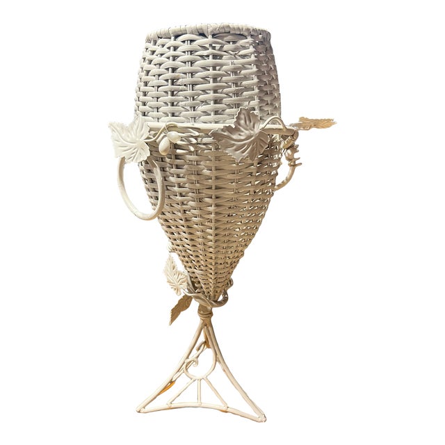 Vintage Large White Wicker Urn Vase With Iron Ivy Plantstand For Sale