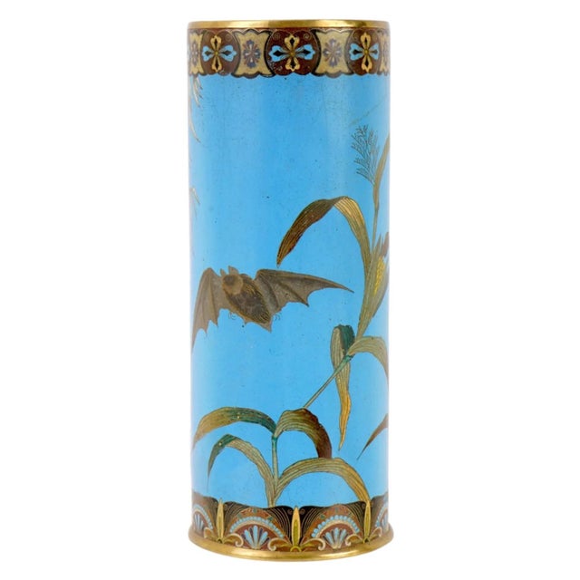Japanese Large Japanese Cloisonne Enamel Vase Bat Bamboo Meiji Period For Sale - Image 3 of 7