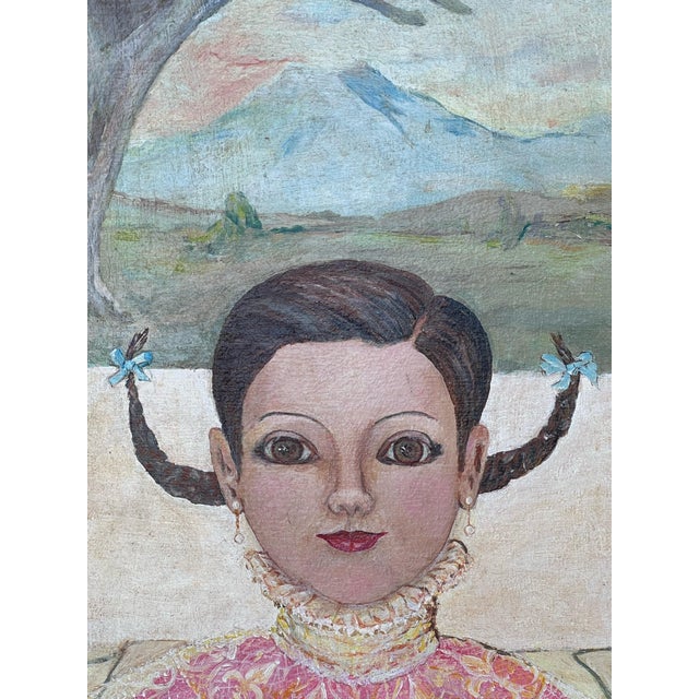 1980s Gene Zolbert Surrealist Painting Girl With Doves For Sale - Image 9 of 12