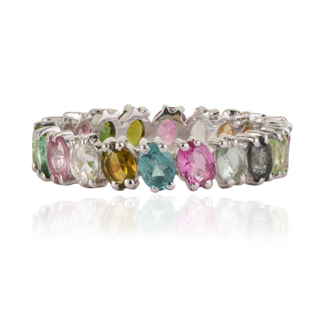 Not Yet Made - Made To Order Boho 3.74 Ct Oval Multicolor Tourmaline Full Eternity Ring in 925 Sterling Silver Size 7.5 For Sale - Image 5 of 15