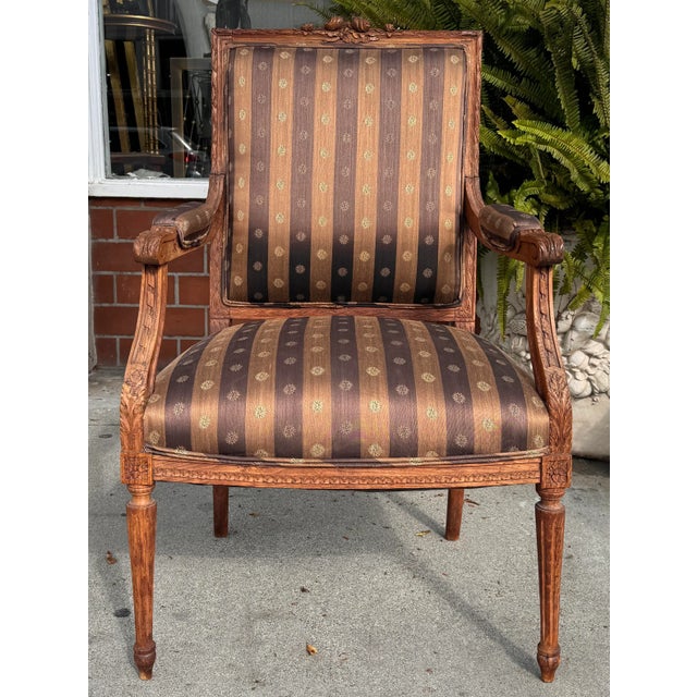 French Antique 19c Louis XVI Carved Walnut Arm Chair For Sale - Image 3 of 7