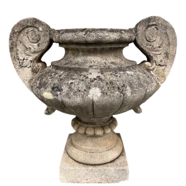 Neoclassical Pair of Vintage Weathered Cast Stone Classical Garden Urns With Scroll Handles For Sale - Image 3 of 12
