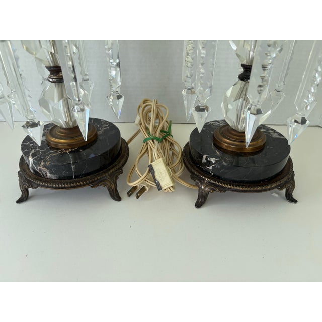 Transparent Pair of Vintage Crystal Prism Boudoir Lamps With Marble Bases and Etched Glass Shades For Sale - Image 8 of 12