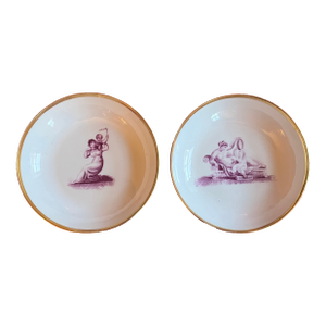 Antique 19th Century English Regency Porcelain Saucer Dishes With Adam Buck Domestic Scene in Puce Purple Circa 1810 - A Pair