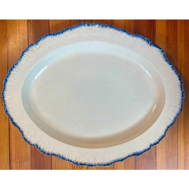 Large Antique 18th Century English George III Creamware Blue Shell Edge or Feather Edge Oval Platter Circa 1790 For Sale - Image 9 of 9