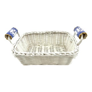 Vintage French Wicker Basket With Hand Painted Porcelain White and Blue Handles For Sale