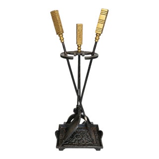 Antique Art Deco Set of 3 Fireplace Tools Shovel Poker Rectangular Caddy Cast Iron Brass For Sale