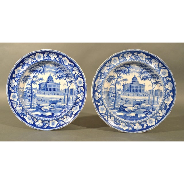 Boston State House Pair of Staffordshire Blue and White Pottery Plates, John Rogers & Son Circa 1825 For Sale In Philadelphia - Image 6 of 6