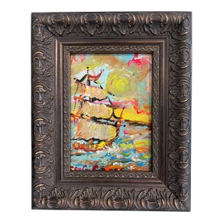Serg Graff Original “Zephura” Acrylic Ship Painting | Dark Gold Frame | Nautical For Sale