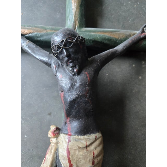 19thc Latin American Santo of Jesus on the Cross Wall Mount sold as found showing wear commensurate with age without damage,