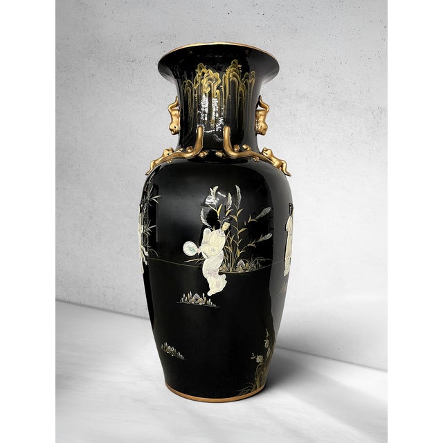 Pair of Monumental Chinoiserie Black & Gilt Figural Floor Vases, 36” For Sale In New York - Image 6 of 8