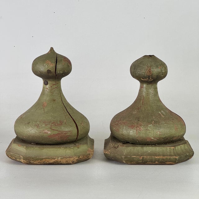 Pair of 19th C. Architectural Salvaged Large Onion Shaped Wood Finials, Painted Green For Sale - Image 4 of 15