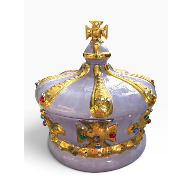 Vintage 1972 Purple & Gold Jeweled Crown Lidded Ceramic Jar For Sale - Image 4 of 8