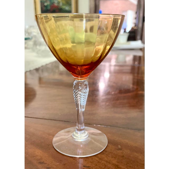 Cambridge Glass Company 1930s Mid-Century Cambridge Glass Amber & Clear Stem Champagne Coupes - Set of 7 For Sale - Image 4 of 18