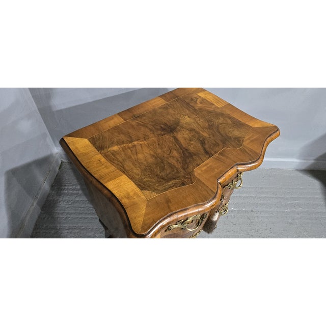 Excellent quality Maltese deep serpentine burr walnut crossbanded commode chest of two drawers, oak lined throughout, top...