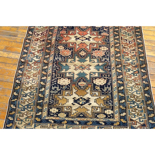 1890s Dark Blue Geoemtric Antique Caucasian Shirvan Runner Rug 3'8" X 8'3" Handknotted Wool Carpet For Sale - Image 4 of 5