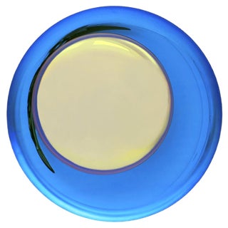 French Modern Sculptural Concave Handmade Yellow and Blue Glass Mirror For Sale