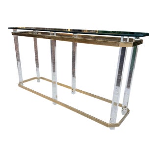 Hollywood Regency Console Table Lucite Pillars Brass Frame in the Manner of Charles Hollis Jones For Sale