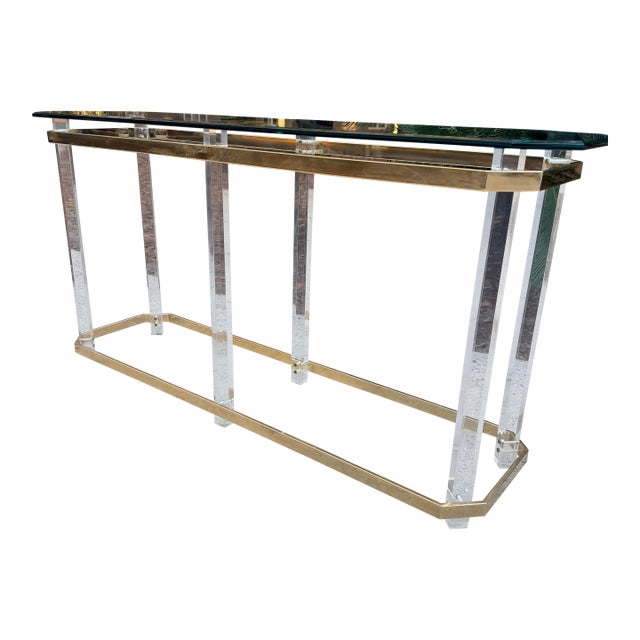 Hollywood Regency Console Table Lucite Pillars Brass Frame in the Manner of Charles Hollis Jones For Sale