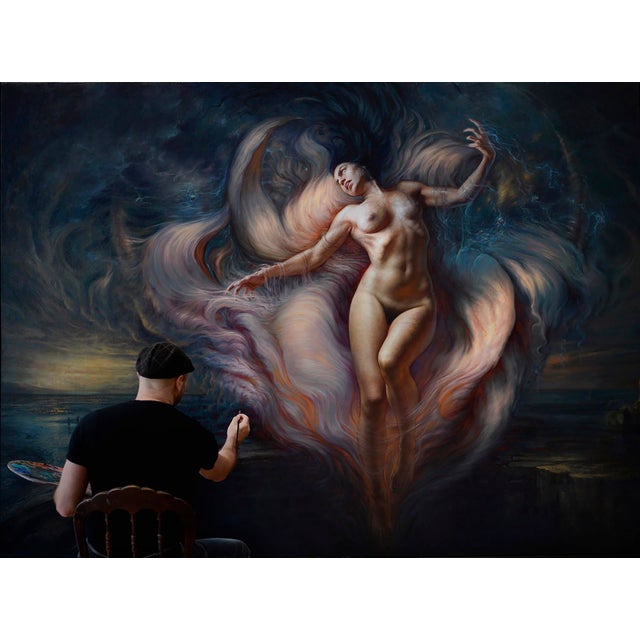 In "Anthesis," a figure emerges from a swirling mass of vibrant hues, embodying a sense of transformation and vitality....